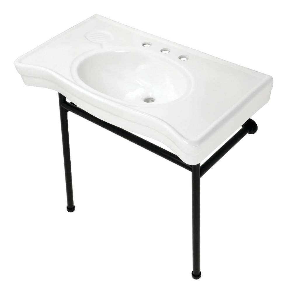 Kingston Brass Fauceture VPB28140W80 Bristol 36'' Ceramic Console Sink with Stainless Steel Legs, White/Matte Black
